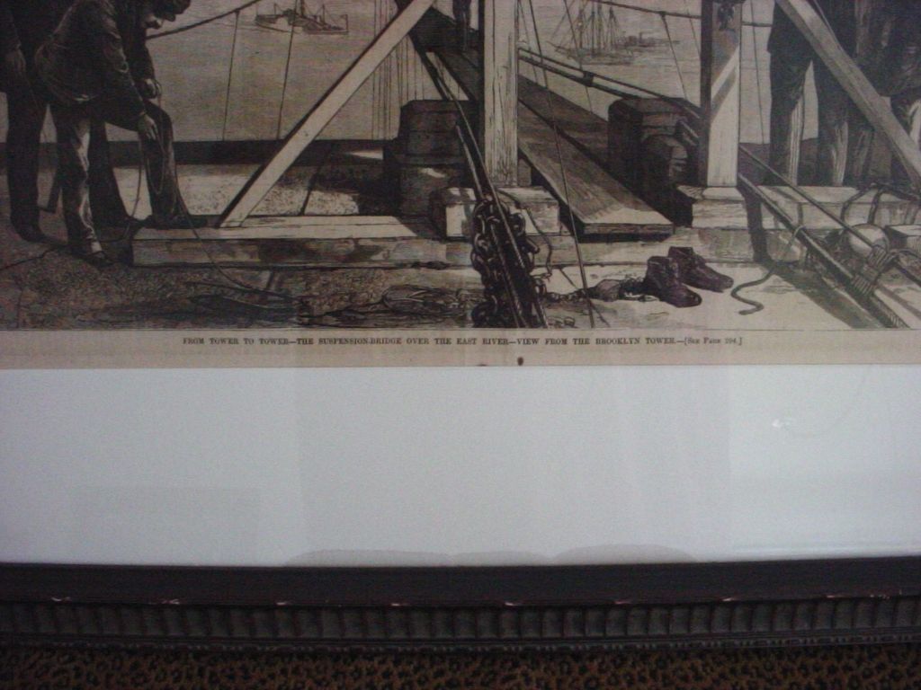Framed 1877 Harper's Weekly Engraving of Brooklyn Bridge Under Construction Framed 1877 Harper's Weekly Engraving of Brooklyn Bridge Under Construction