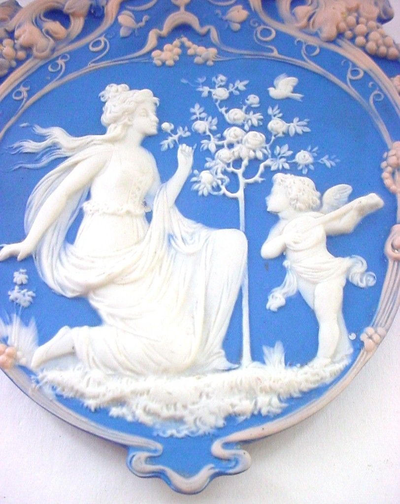 Tricolor German Jasperware Jasper Ware Plaque Woman with Serenading Cupid or Angel Tricolor German Jasperware Jasper Ware Plaque Woman with Serenading Cupid or Angel