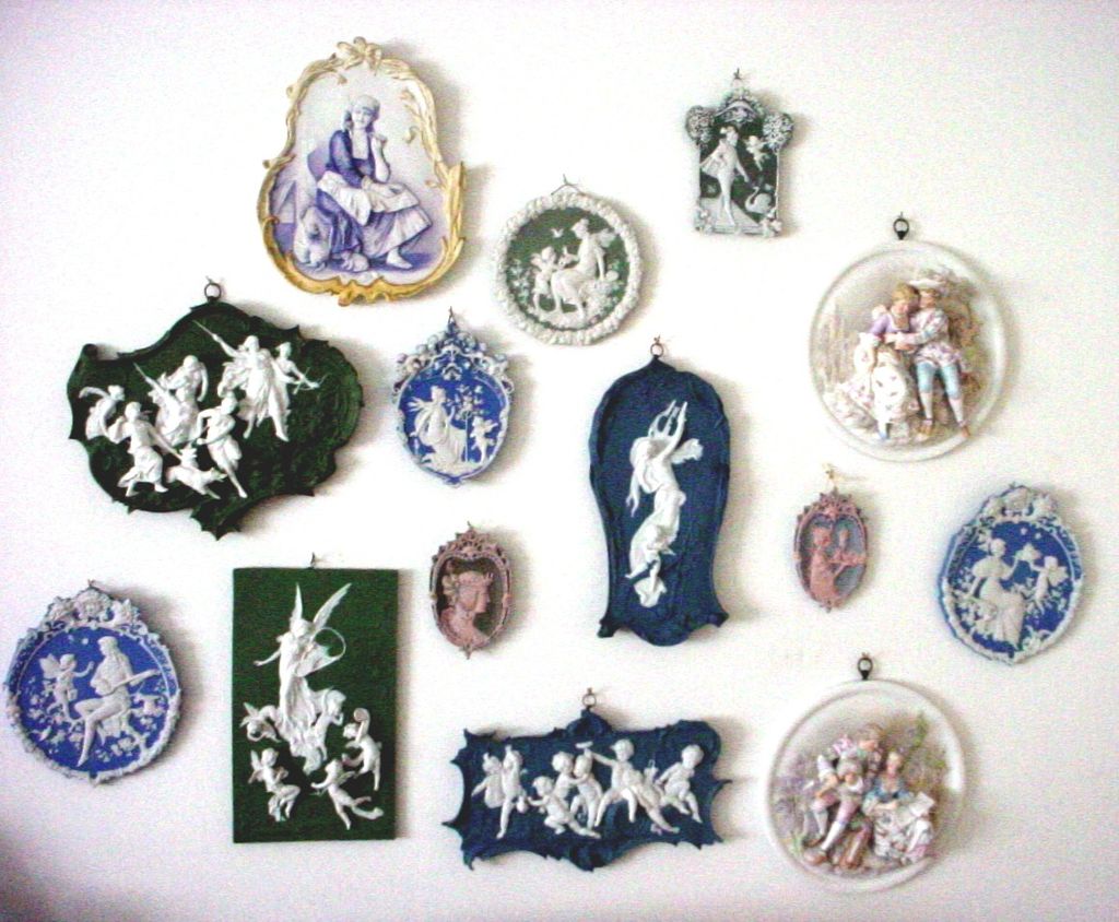 Tricolor German Jasperware Jasper Ware Plaque Woman with Serenading Cupid or Angel Tricolor German Jasperware Jasper Ware Plaque Woman with Serenading Cupid or Angel