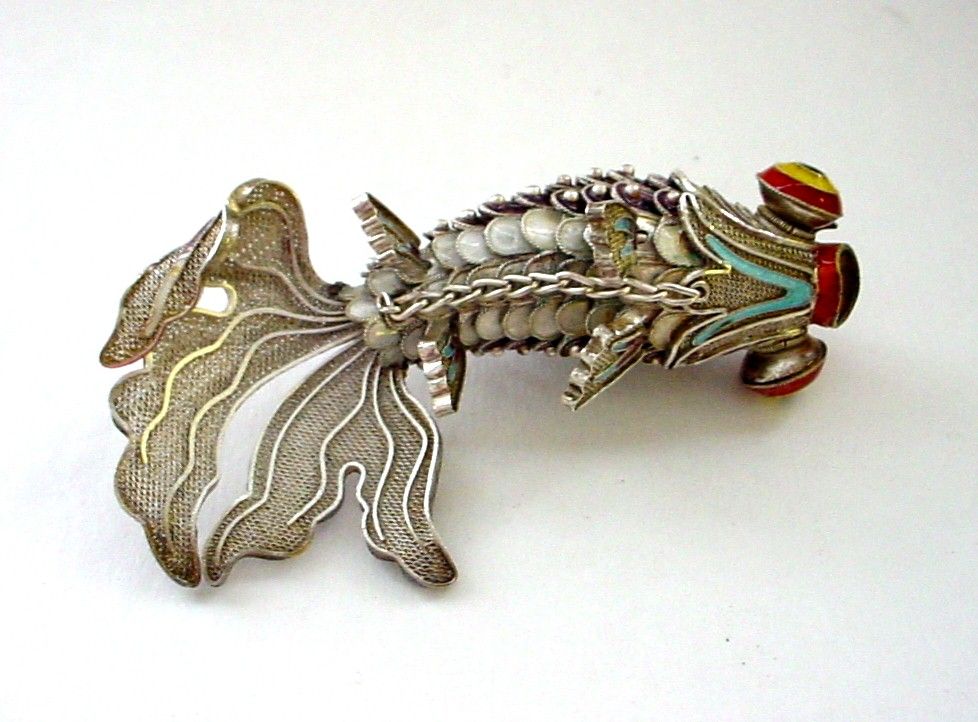 Mint Condition Chinese Articulated Purple Enamel Silver Googly Eye Fish with Fantail - Goldfish - Koi Mint Condition Chinese Articulated Purple Enamel Silver Googly Eye Fish with Fantail - Goldfish - Koi