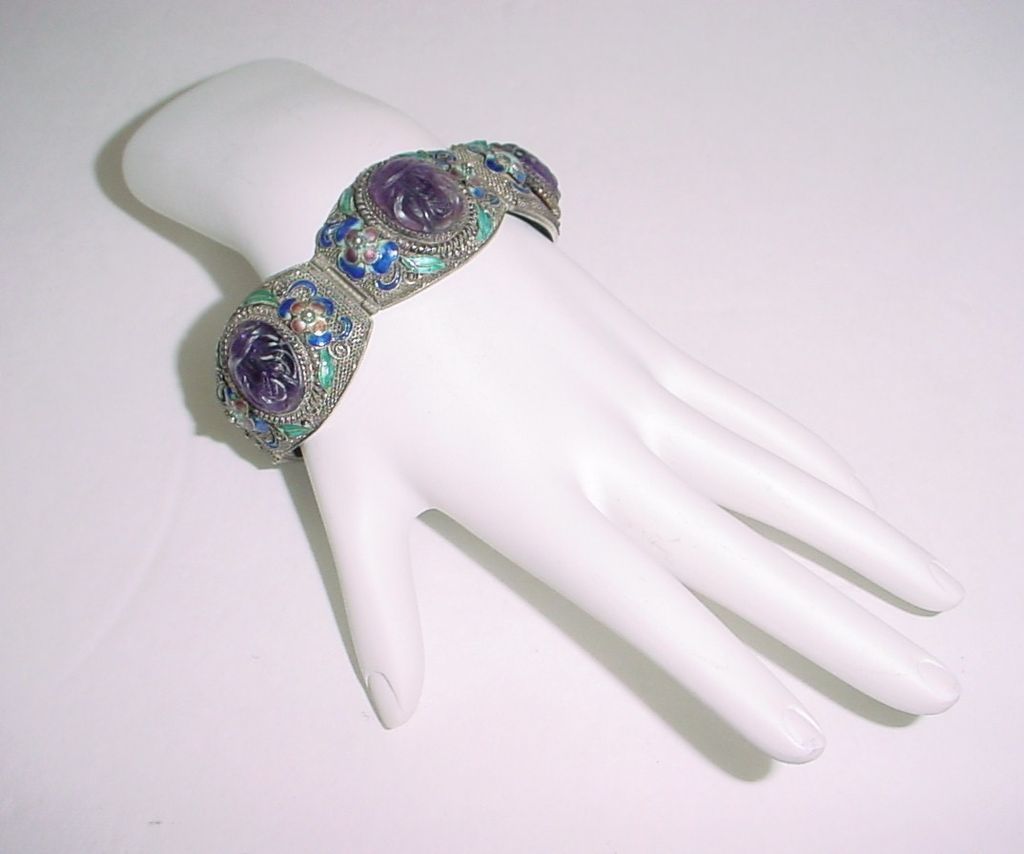 Chinese Sterling Silver Enamel and Rare CARVED Amethyst Bracelet