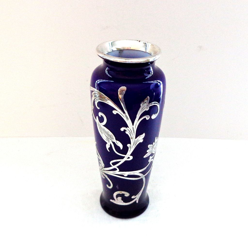 Antique Cobalt Blue and Silver Overlay Glass Vase from thatwasthen on