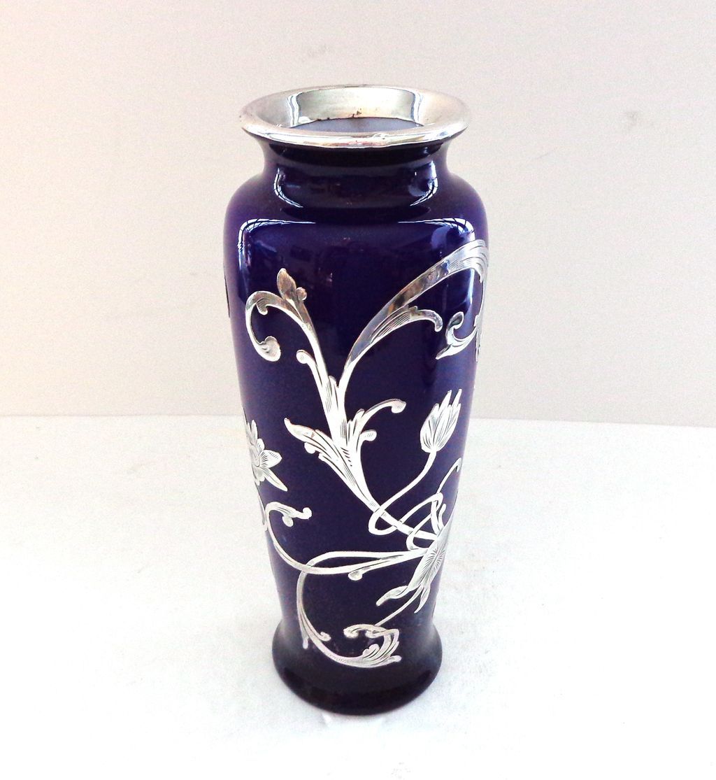 Antique Cobalt Blue and Silver Overlay Glass Vase from thatwasthen on