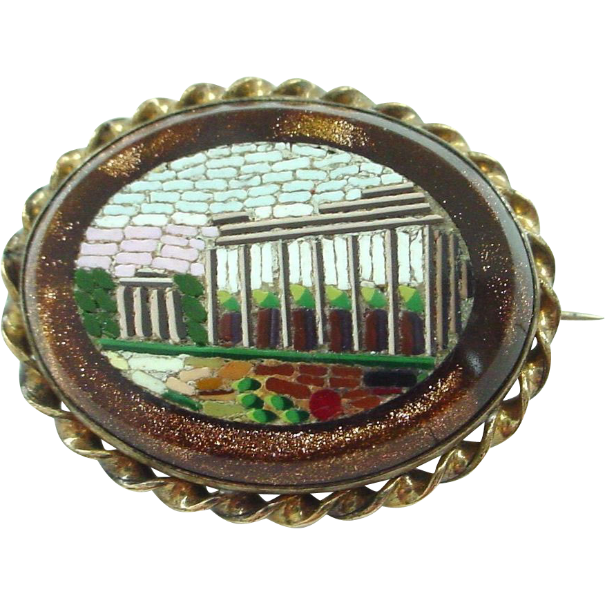 Antique Micromosaic Mosaic Brooch/Pin of Ruins Antique Micromosaic Mosaic Brooch/Pin of Ruins