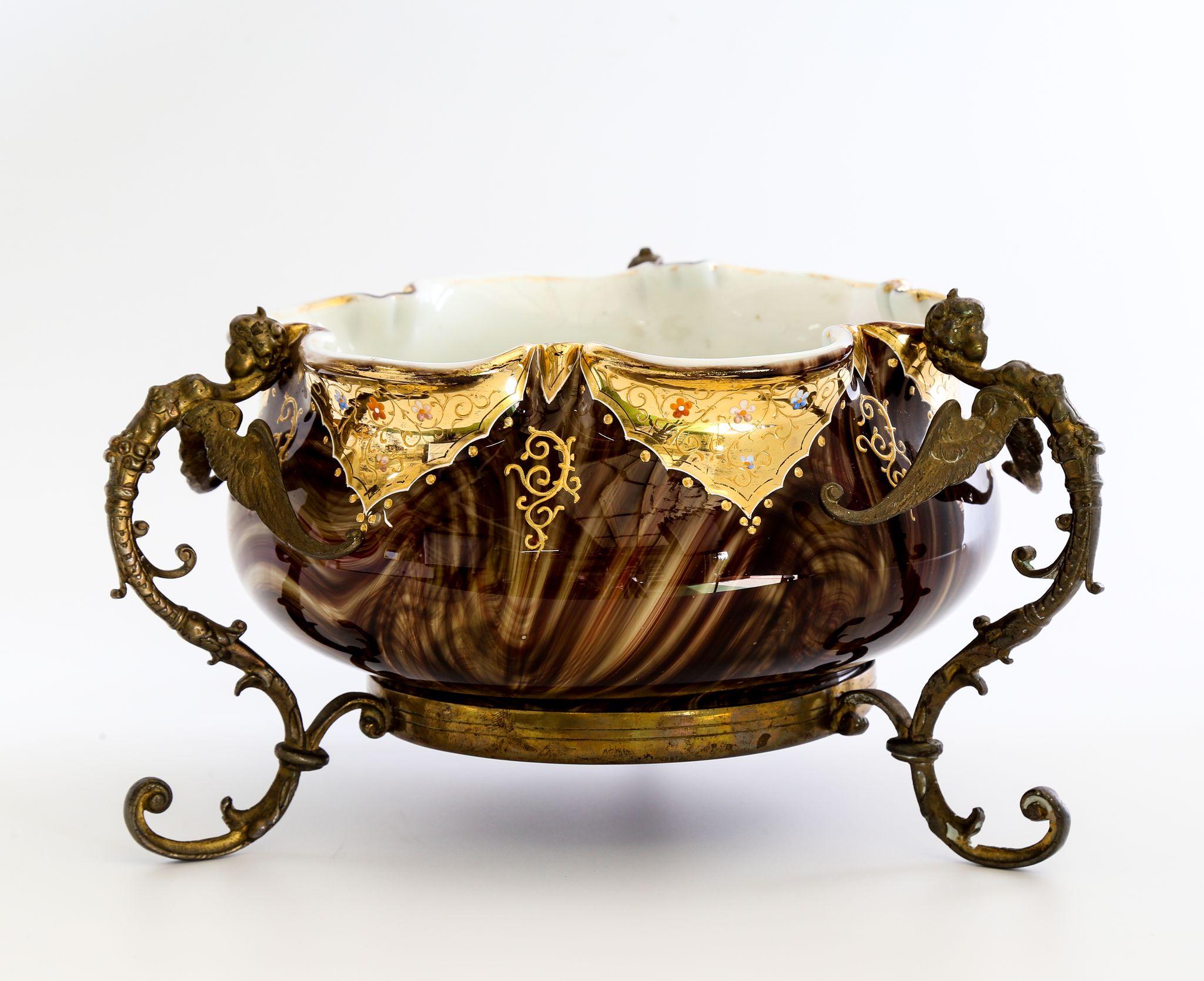 Rare Loetz Circa 1890 Marmoriertes Bowl In Ornate Winged Figural Armature Rare Loetz Circa 1890 Marmoriertes Bowl In Ornate Winged Figural Armature