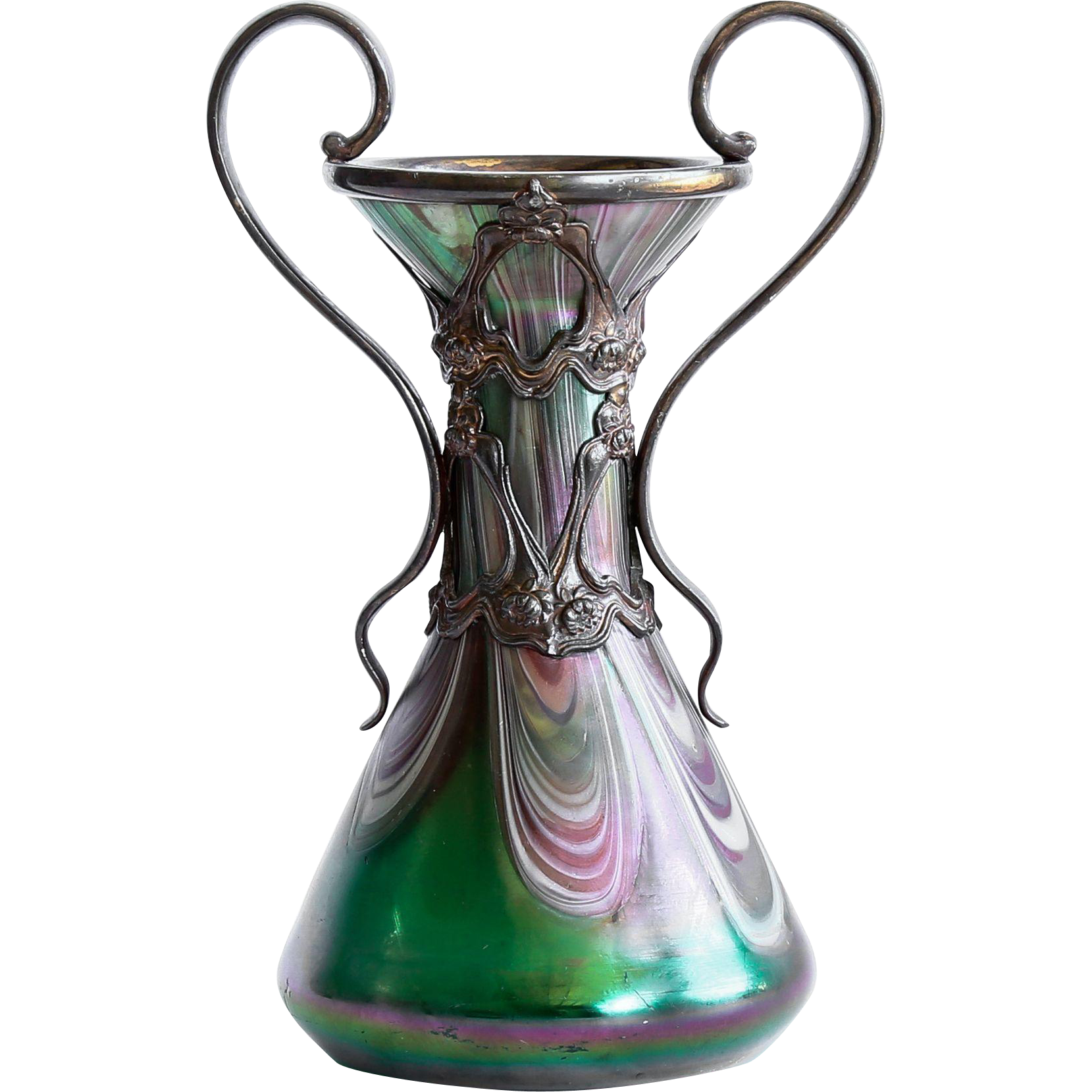 Magnificent Circa 1890 Antique Art Nouveau Art Glass Vase In Metal From The Vault On Ruby Lane