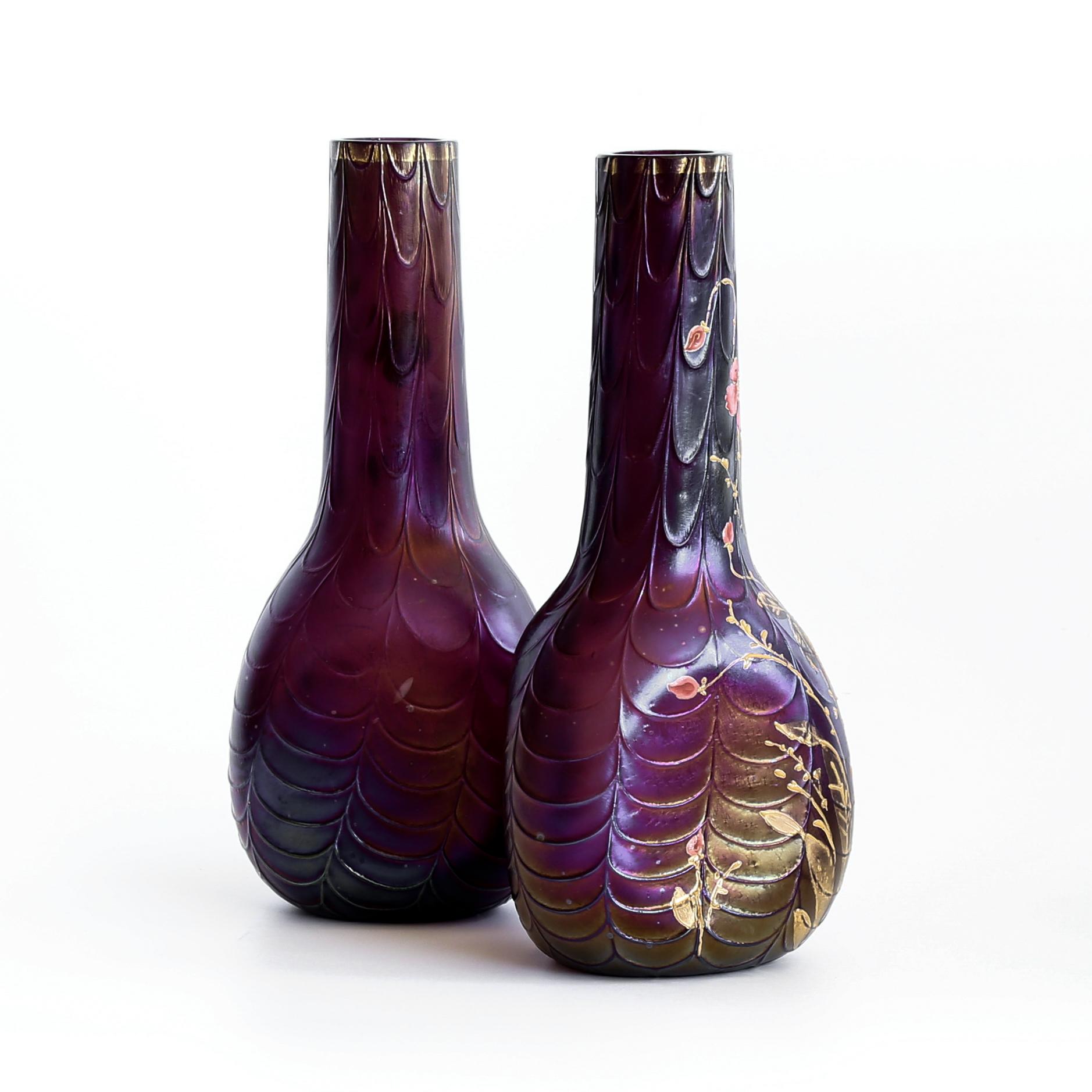 Exceptional Pair Of Antique Loetz Amethyst Art Nouveau Vases With Enameled Floral Motif Exceptional Pair Of Antique Loetz Amethyst Art Nouveau Vases With Enameled Floral Motif