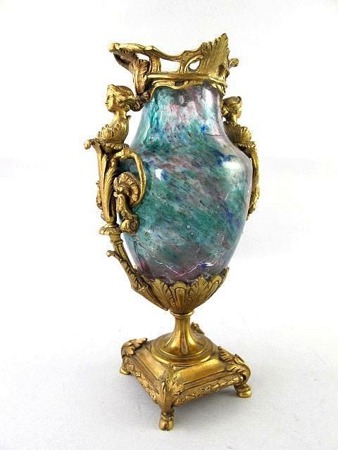 Rare Circa 1880 Antique Victorian French Art Glass Vase In Ornate Bronze Figural Armature Rare Circa 1880 Antique Victorian French Art Glass Vase In Ornate Bronze Figural Armature