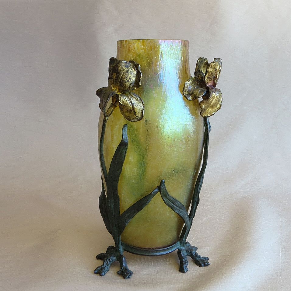 Circa 1900 Loetz Papillon Vase In Ornate Floral Armature Circa 1900 Loetz Papillon Vase In Ornate Floral Armature