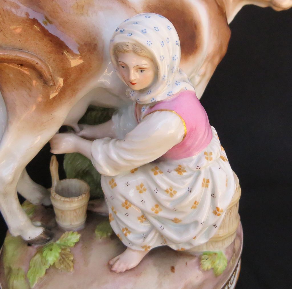 Antique Circa 1815 Signed Meissen Porcelain of Young Maiden Milking Cow Antique Circa 1815 Signed Meissen Porcelain of Young Maiden Milking Cow