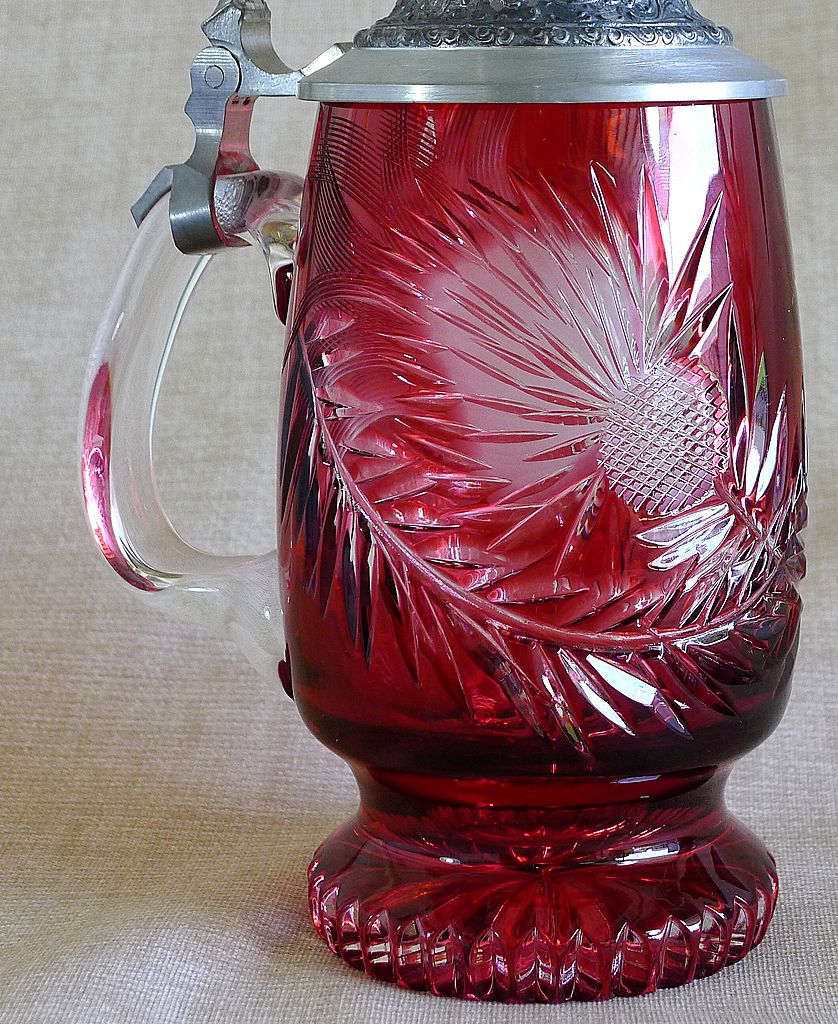 Vintage Cranberry Glass Stein With Overall Cut Thistle Design Vintage Cranberry Glass Stein With Overall Cut Thistle Design