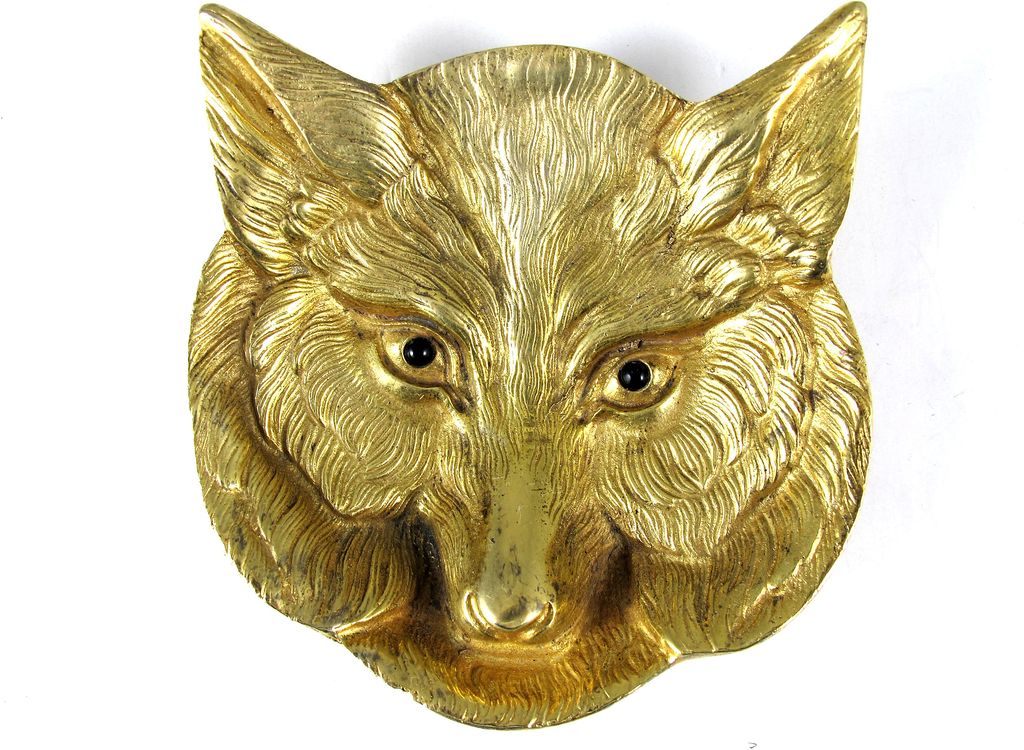 Unique Vintage Dore Bronze Fox Head Tray With Garnet Eyes Unique Vintage Dore Bronze Fox Head Tray With Garnet Eyes