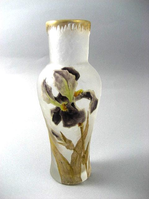 Vintage Signed Mont Joye 6 ¼ Inch Vase With Enameled Irises Vintage Signed Mont Joye 6 ¼ Inch Vase With Enameled Irises