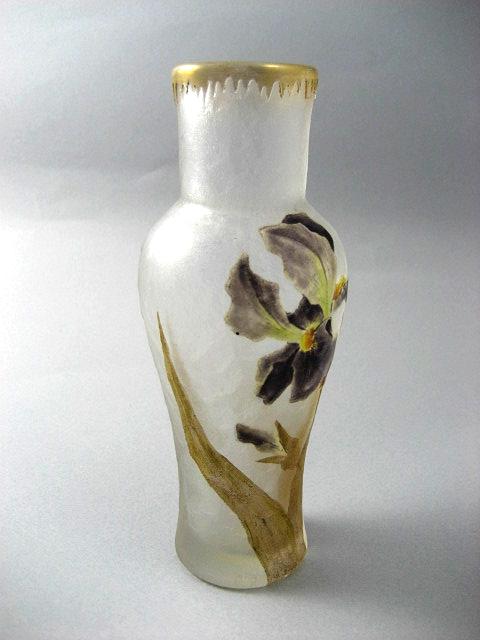 Vintage Signed Mont Joye 6 ¼ Inch Vase With Enameled Irises Vintage Signed Mont Joye 6 ¼ Inch Vase With Enameled Irises