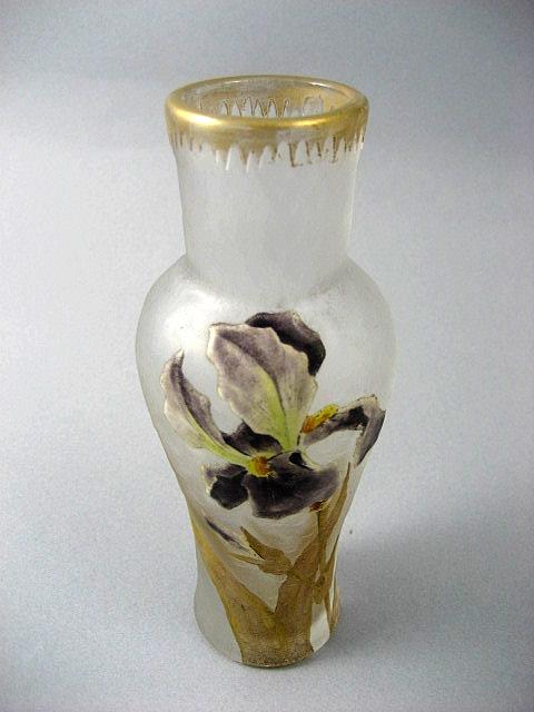 Vintage Signed Mont Joye 6 ¼ Inch Vase With Enameled Irises Vintage Signed Mont Joye 6 ¼ Inch Vase With Enameled Irises