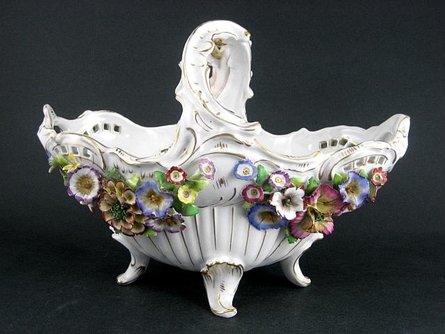 Ornate Vintage Signed Sitzendorf German Handled Porcelain Basket With Full Figured Cherub Ornate Vintage Signed Sitzendorf German Handled Porcelain Basket With Full Figured Cherub