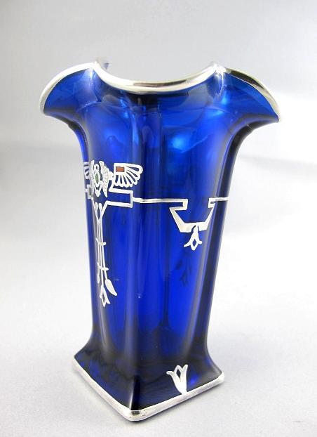 Circa 1920 Signed Rockwell Cobalt Blue Sterling Silver Overlay Egyptian Revival Vase Circa 1920 Signed Rockwell Cobalt Blue Sterling Silver Overlay Egyptian Revival Vase