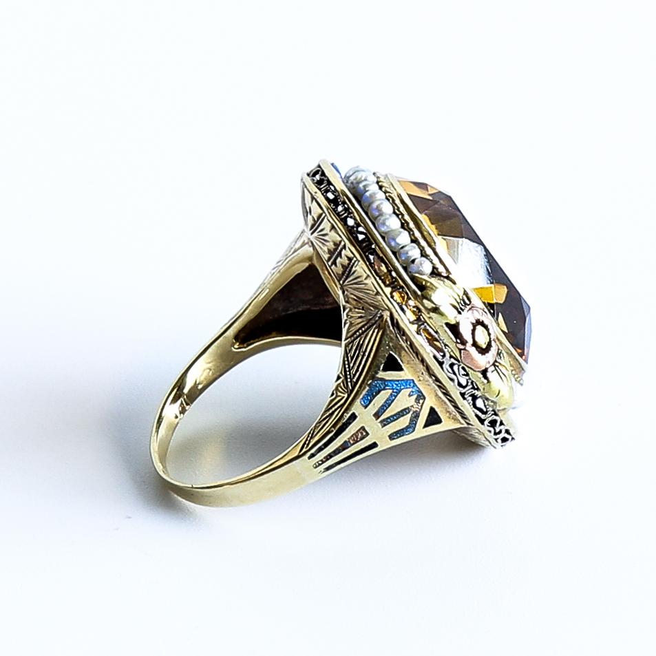 Lady's Tri-Colored 14K Enameled Citrine Ring With Cultured Seed Pearls Lady's Tri-Colored 14K Enameled Citrine Ring With Cultured Seed Pearls