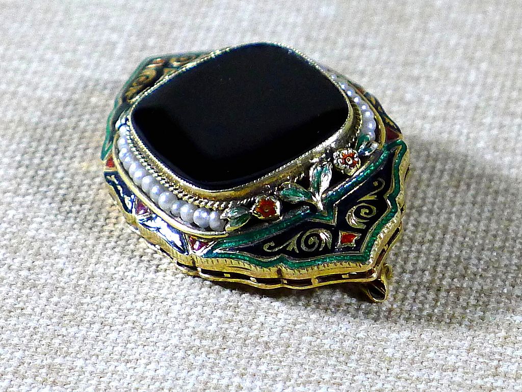 Magnificent Art Deco 14K Onyx, Seed Pearl, & Enameled Brooch Magnificent Art Deco 14K Onyx, Seed Pearl, & Enameled Brooch