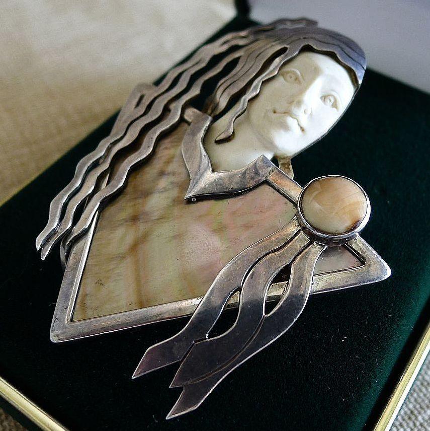 Signed Zealandia Outstanding Sterling & Fossilized Ivory Art Deco Pendant Brooch Signed Zealandia Outstanding Sterling & Fossilized Ivory Art Deco Pendant Brooch