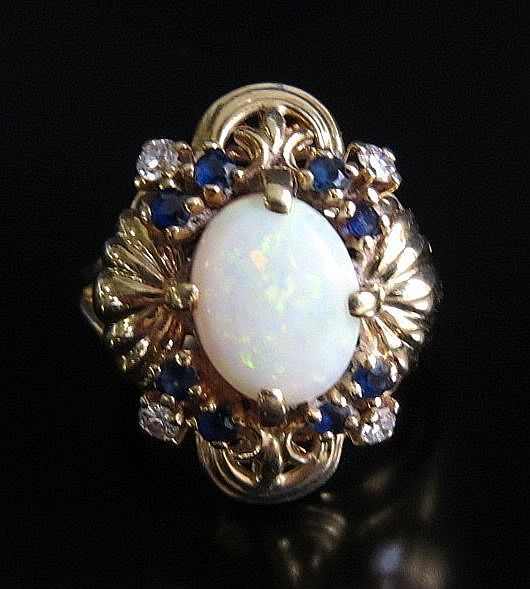 Lady's Vintage 14K Opal, Sapphire & Diamond Ring Lady's Vintage 14K Opal, Sapphire & Diamond Ring