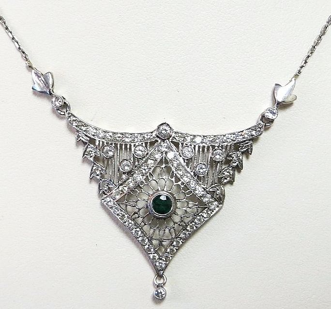 Lady's Edwardian Platinum Diamond & Emerald Lavaliere Lady's Edwardian Platinum Diamond & Emerald Lavaliere