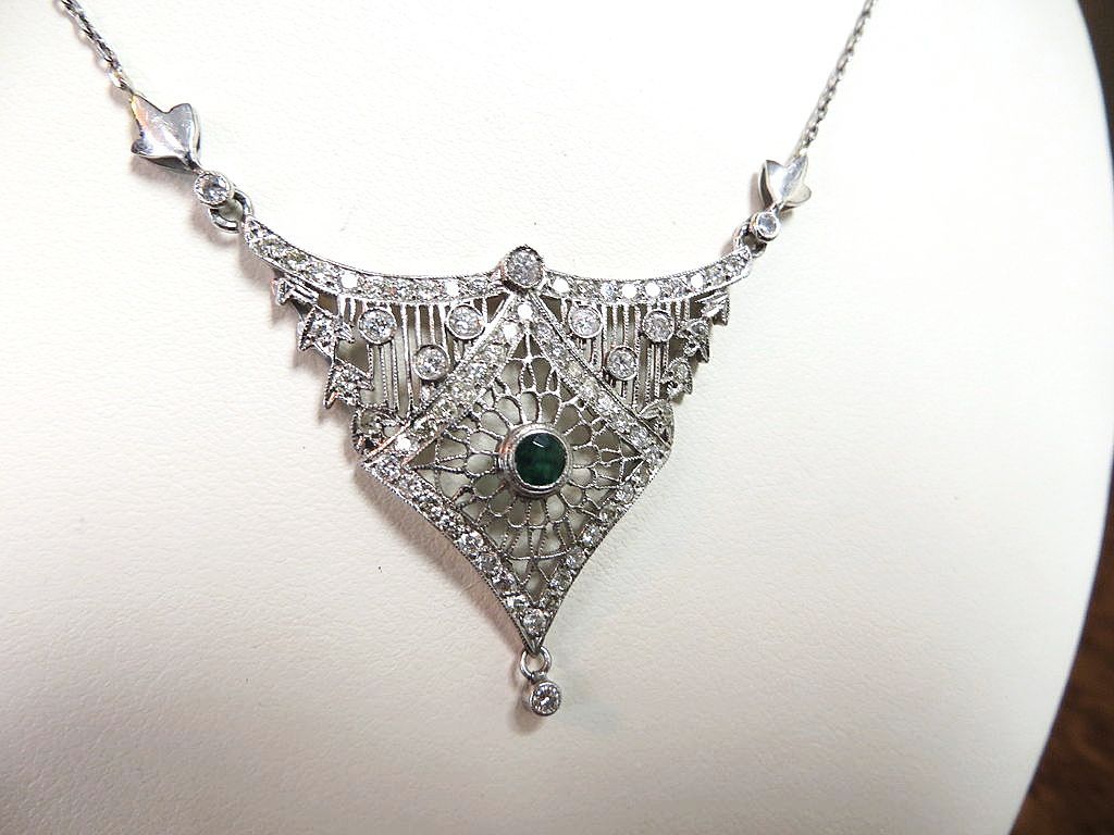 Lady's Edwardian Platinum Diamond & Emerald Lavaliere Lady's Edwardian Platinum Diamond & Emerald Lavaliere