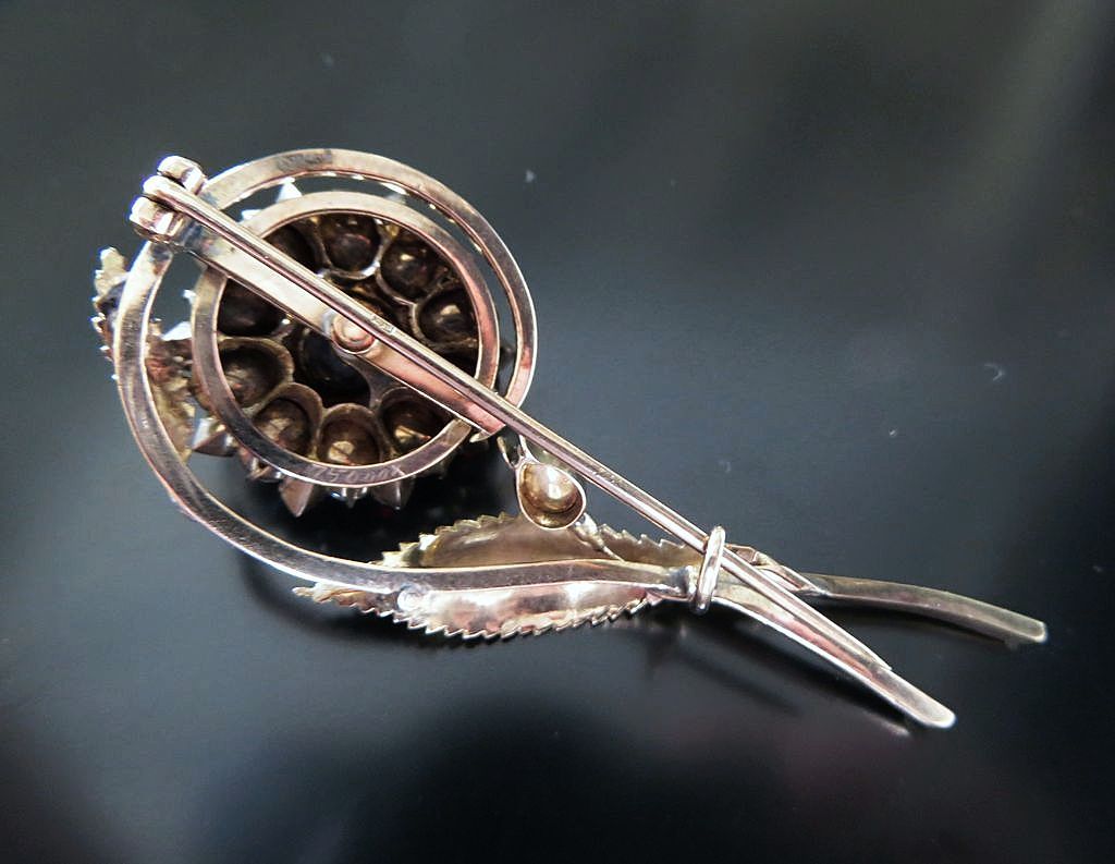Circa 1890 9K Antique English Garnet & Pearl Flower Brooch Circa 1890 9K Antique English Garnet & Pearl Flower Brooch