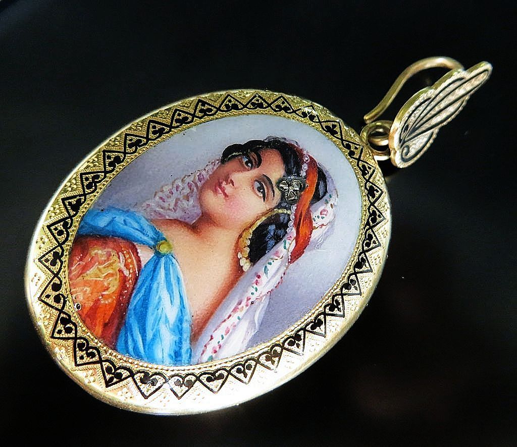 Antique Circa 1870's 18K Enameled Harem Girl Locket Antique Circa 1870's 18K Enameled Harem Girl Locket