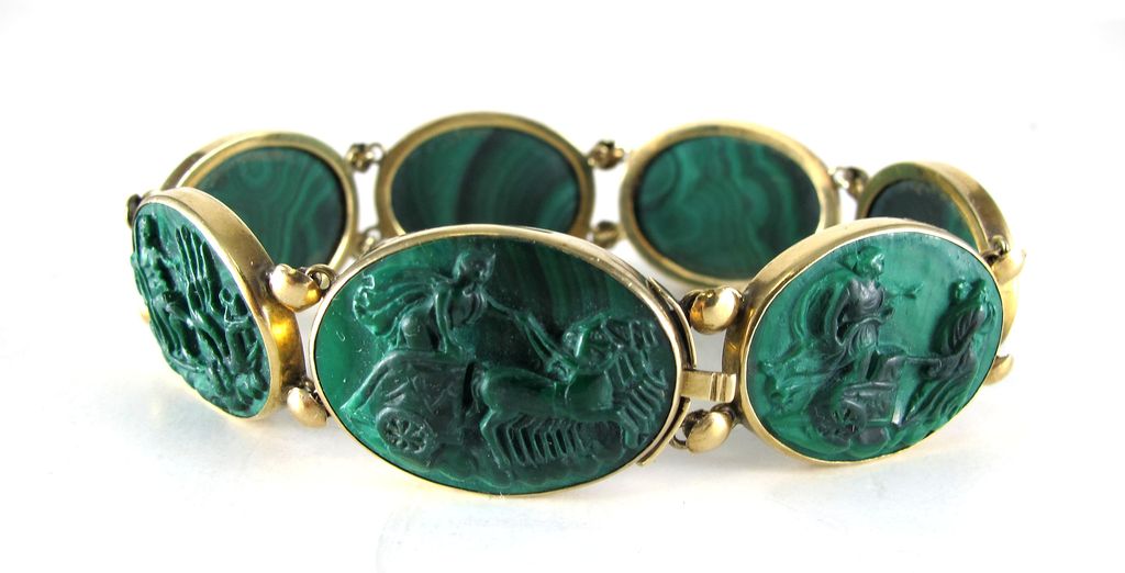 Magnificent Antique 14K Neoclassical Carved Malachite Bracelet Magnificent Antique 14K Neoclassical Carved Malachite Bracelet