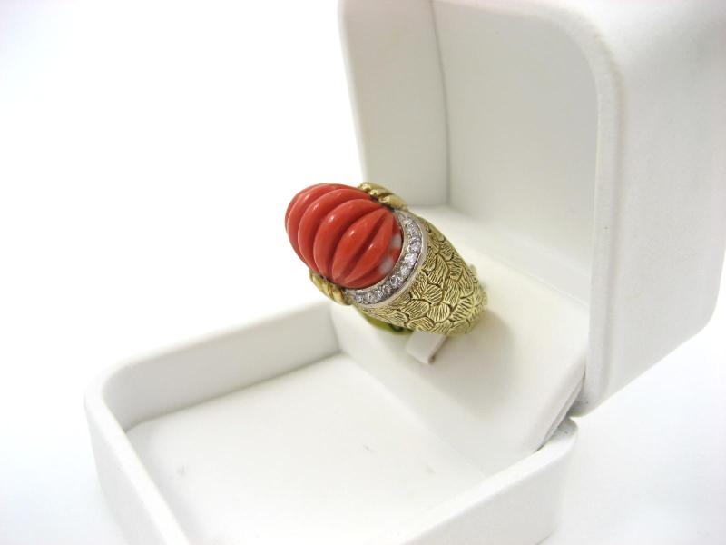 Vintage Art Deco Lady's 18k Carved Coral & Diamond Ring Vintage Art Deco Lady's 18k Carved Coral & Diamond Ring