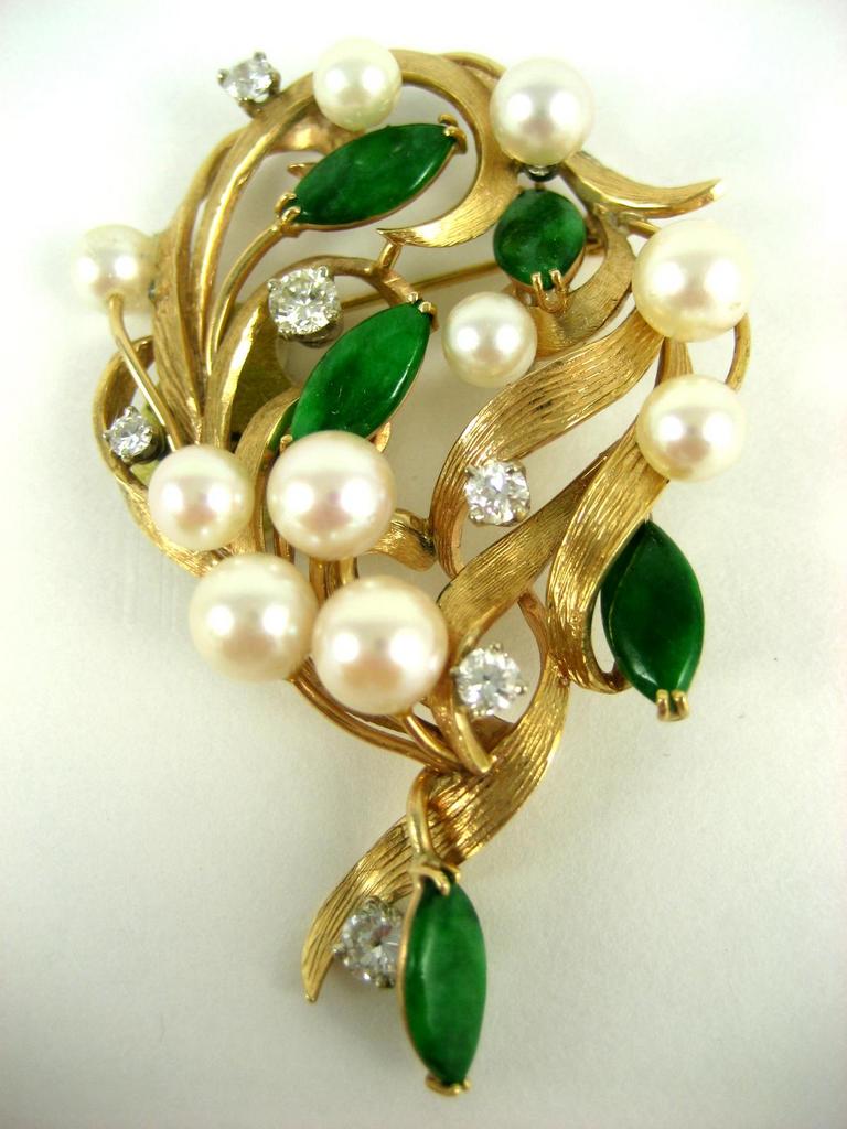 Vintage 14k Cultured Pearl, Diamond, & Jade Brooch Vintage 14k Cultured Pearl, Diamond, & Jade Brooch