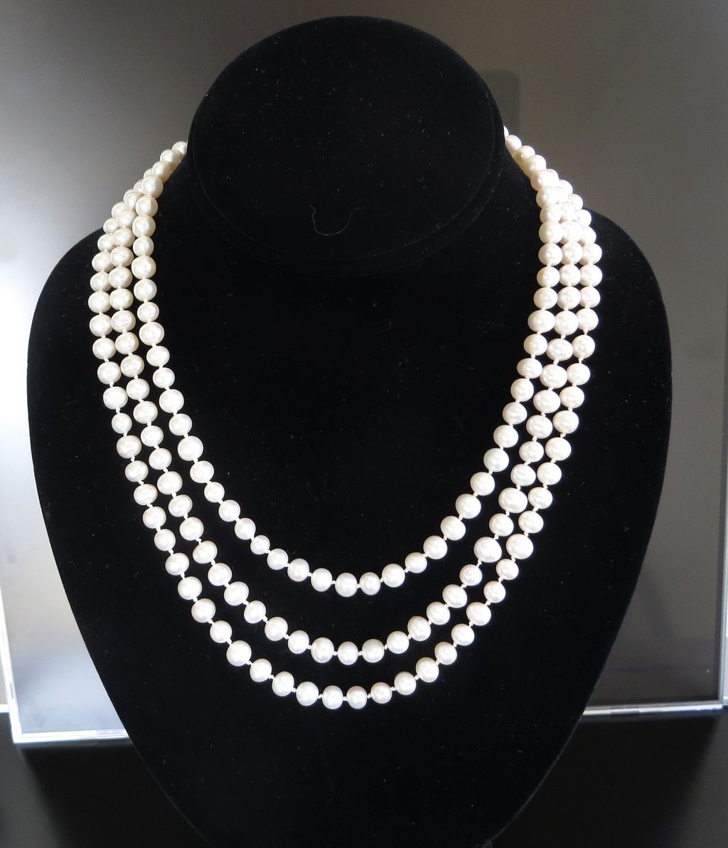 Circa 1920's Lady's 14K Triple Strand Pearl & Sapphire Necklace Circa 1920's Lady's 14K Triple Strand Pearl & Sapphire Necklace