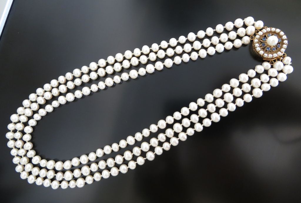 Circa 1920's Lady's 14K Triple Strand Pearl & Sapphire Necklace Circa 1920's Lady's 14K Triple Strand Pearl & Sapphire Necklace