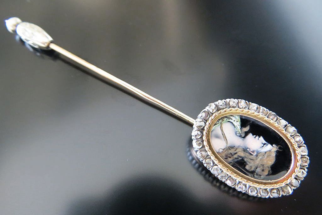 Magnificent Edwardian 14K Enamel & Rose Cut Diamond Stickpin Magnificent Edwardian 14K Enamel & Rose Cut Diamond Stickpin