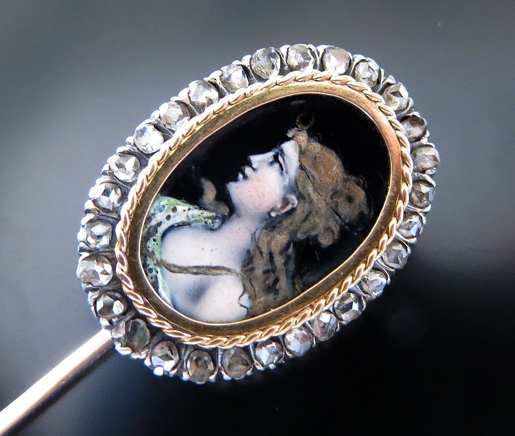 Magnificent Edwardian 14K Enamel & Rose Cut Diamond Stickpin Magnificent Edwardian 14K Enamel & Rose Cut Diamond Stickpin