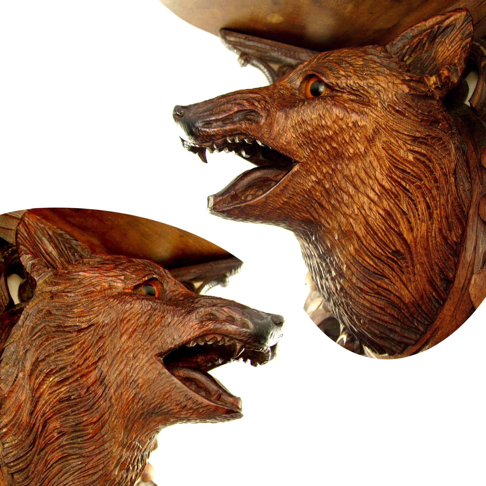 Rare Antique BLACK FOREST Hand Carved Wood FOX Head, GLASS EYES, Wall