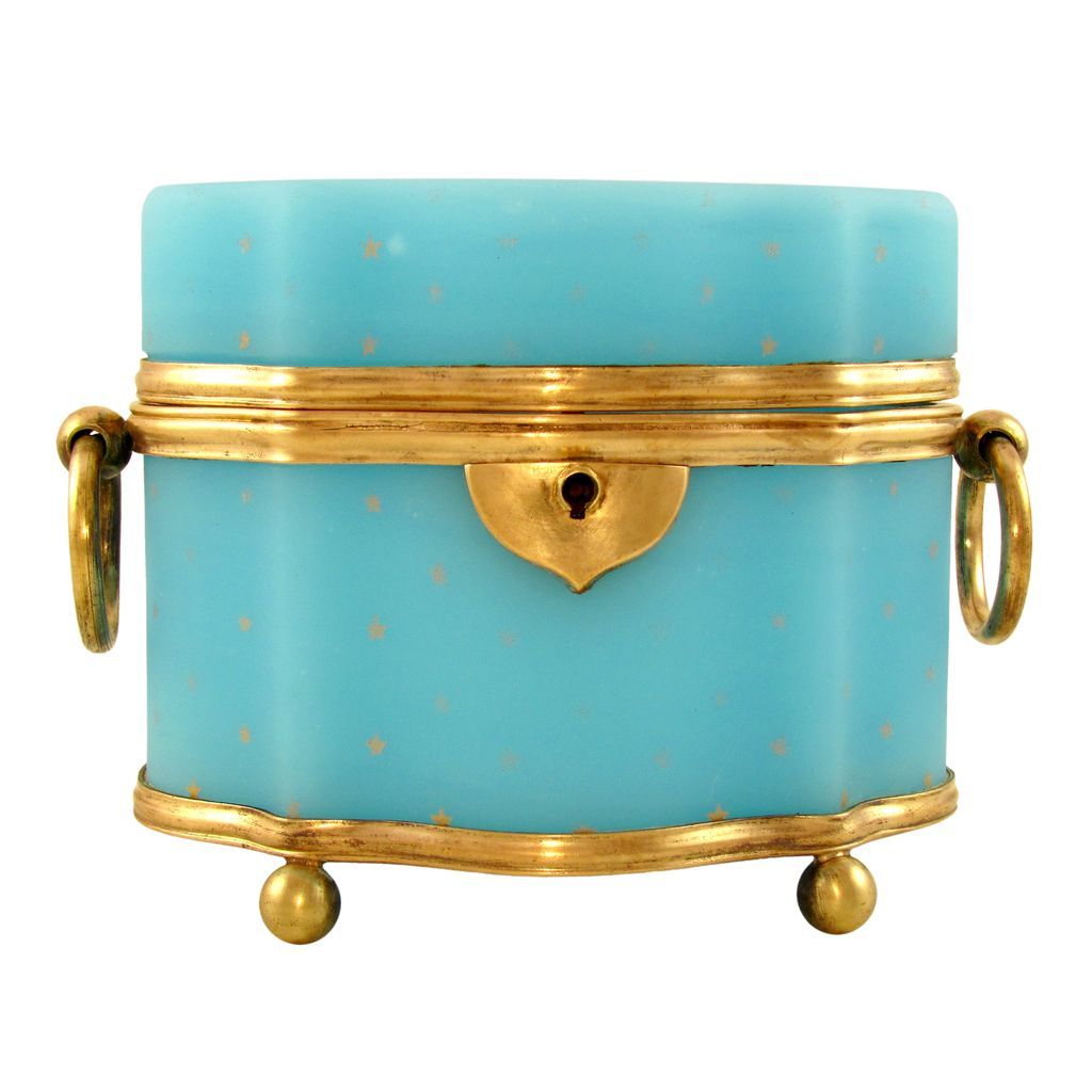 Antique French Blue Opaline Glass Gilt Hand Painted Bronze Jewelry Box