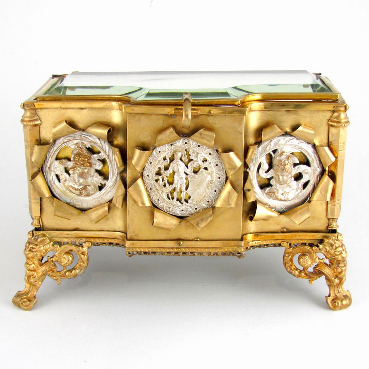 Large Antique French Gilt Ormolu Beveled Cut Glass Jewelry Box Bronze