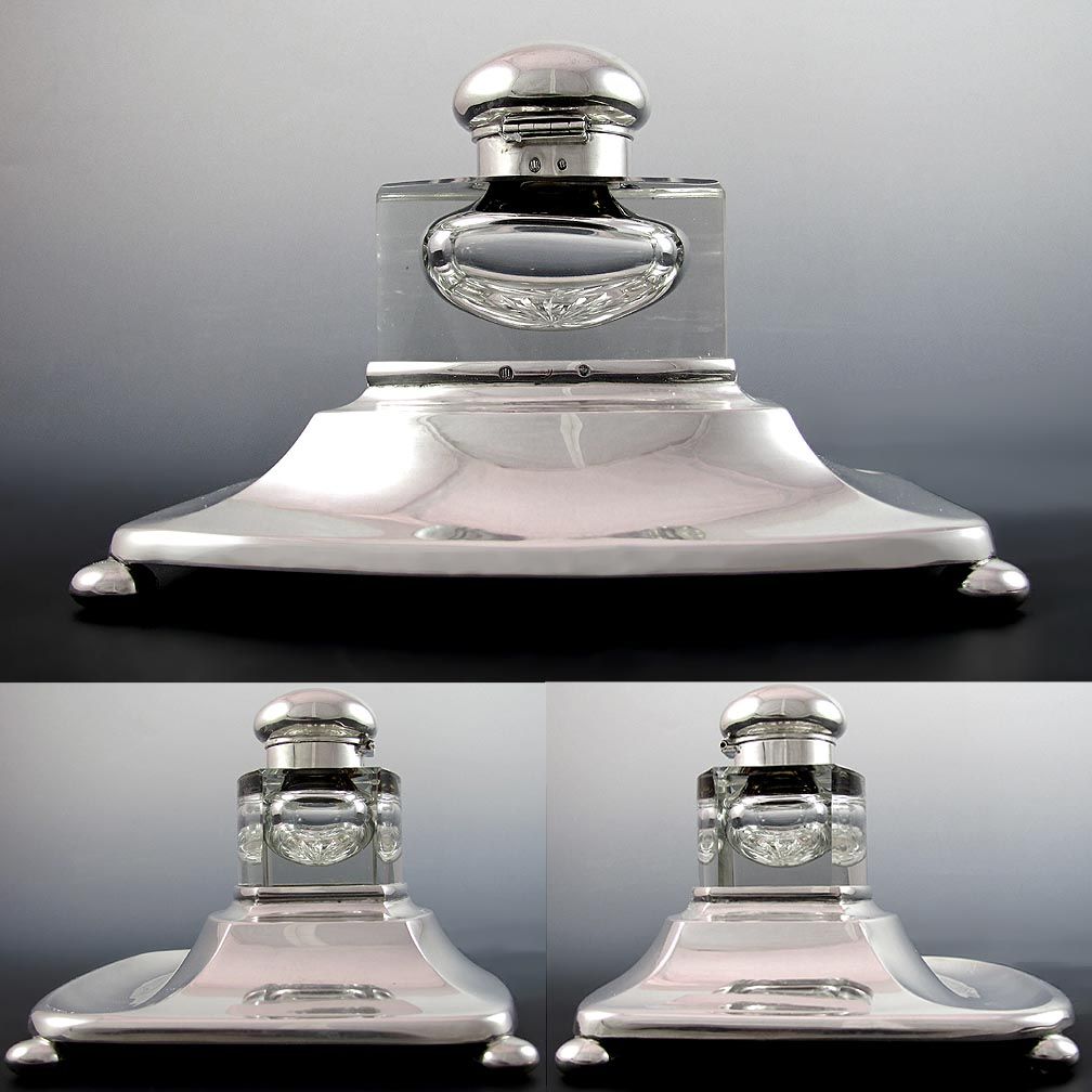 Rare Denmark Scandinavian Silver Inkwell & Dip Pen Set, Cut Crystal Rare Denmark Scandinavian Silver Inkwell & Dip Pen Set, Cut Crystal