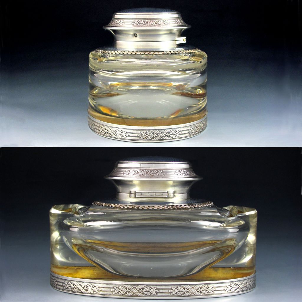 Large Antique French Sterling Silver Guilloche Enamel Cut Crystal Glass Inkwell eBay