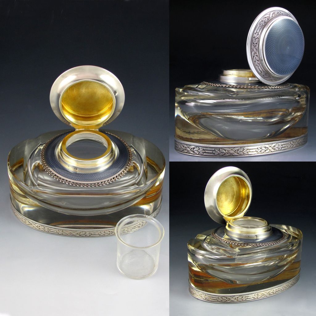Large Antique French Sterling Silver Guilloche Enamel Cut Crystal Glass Inkwell eBay