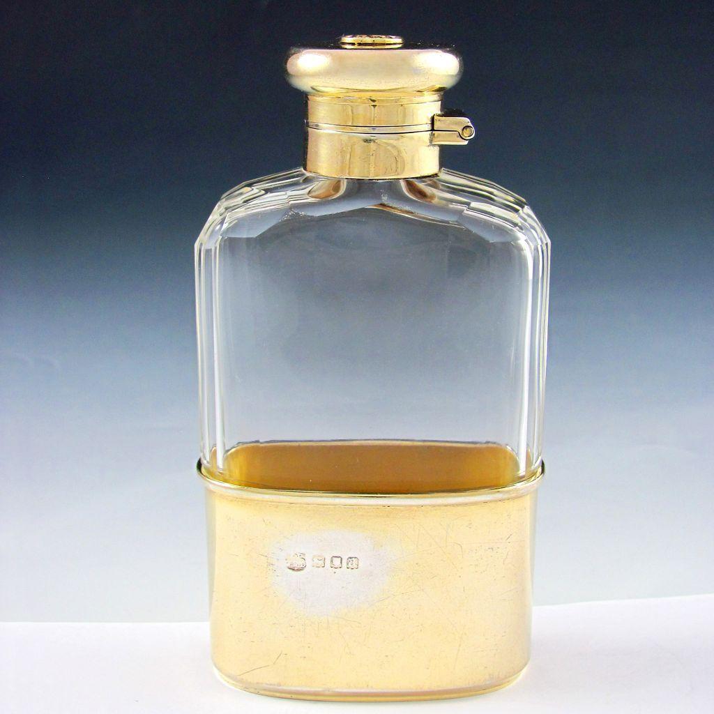 English Sterling Silver Mounted Cut Glass Liquor Flask / Whiskey Hip