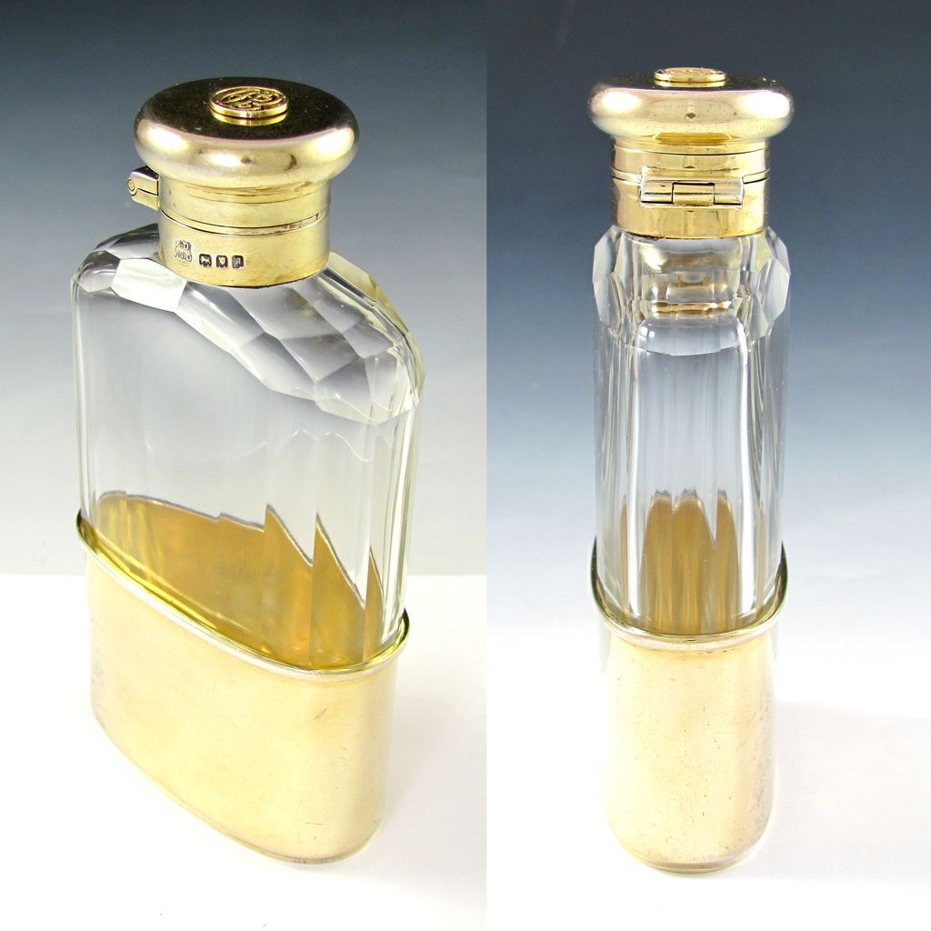 English Sterling Silver Mounted Cut Glass Liquor Whiskey Hip Flask