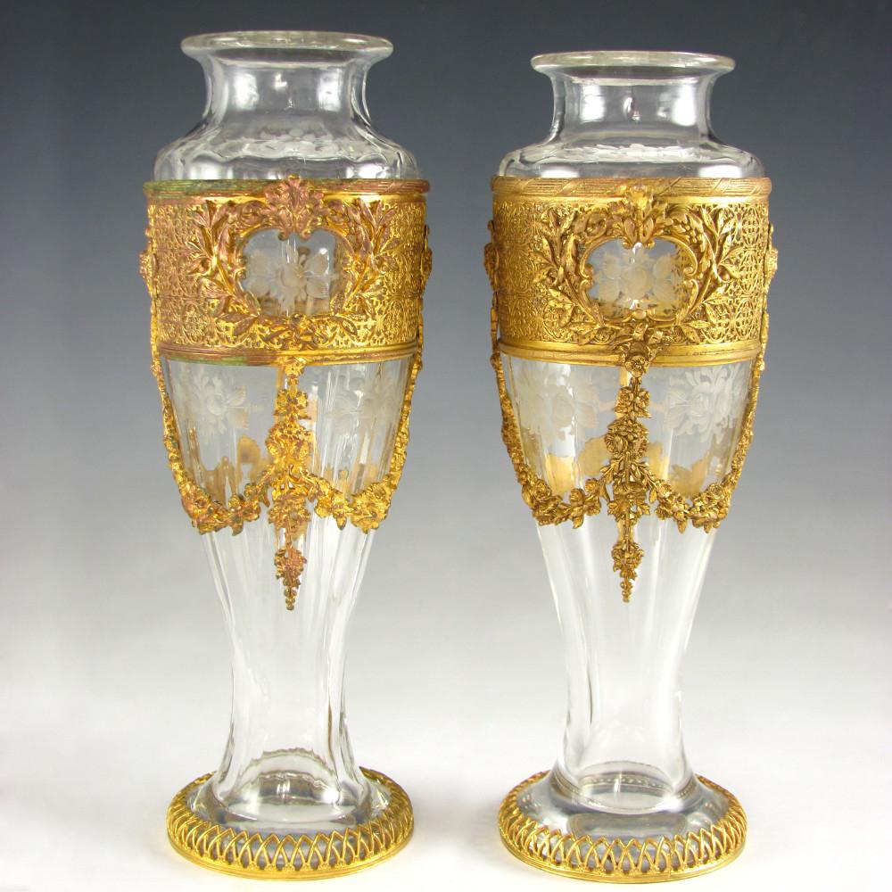 Pair Antique French Empire Style Gilt Bronze Ormolu Vases Engraved