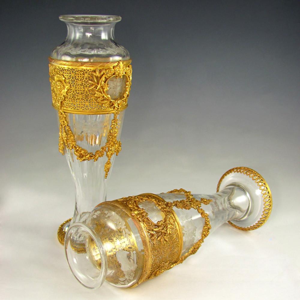 Pair Antique French Empire Style Gilt Bronze Ormolu Vases Engraved