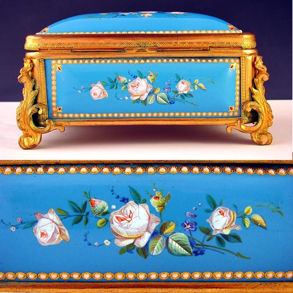 Antique French Napoleon III era Enamel on Copper & Gilt Bronze Jewelry Casket Antique French Napoleon III era Enamel on Copper & Gilt Bronze Jewelry Casket