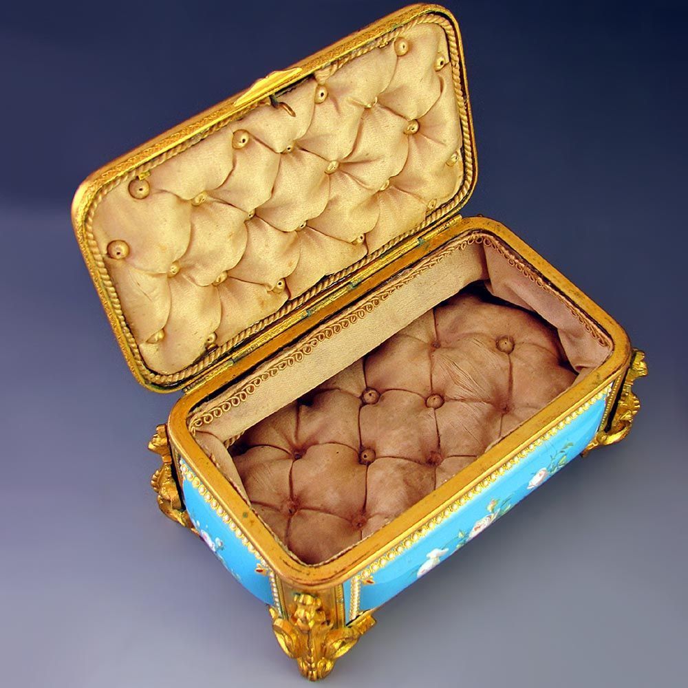 Antique French Napoleon III era Enamel on Copper & Gilt Bronze Jewelry Casket Antique French Napoleon III era Enamel on Copper & Gilt Bronze Jewelry Casket