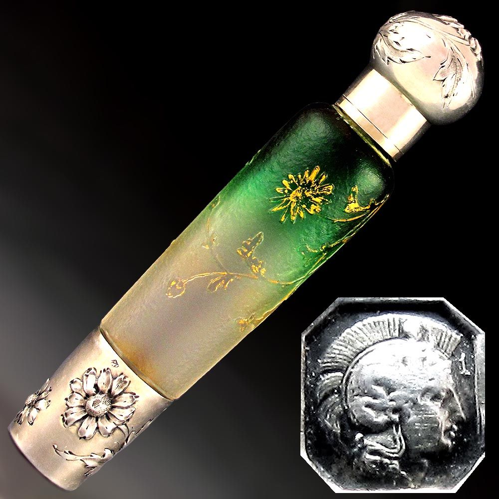 Antique Art Nouveau French Sterling Silver Nancy Daum Glass Portable Liquor Flask, Bottle Antique Art Nouveau French Sterling Silver Nancy Daum Glass Portable Liquor Flask, Bottle