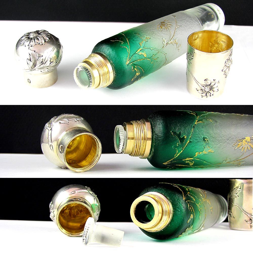Antique Art Nouveau French Sterling Silver Nancy Daum Glass Portable Liquor Flask, Bottle Antique Art Nouveau French Sterling Silver Nancy Daum Glass Portable Liquor Flask, Bottle